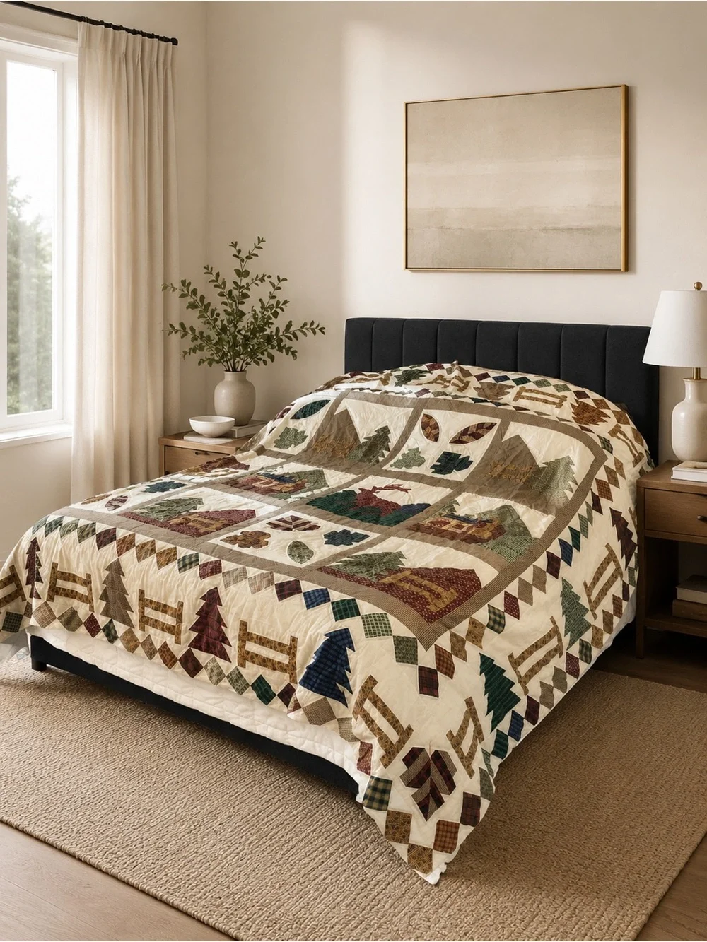 Mennonite HandMade Rustic Lodge Cabin Quilt Queen Pine Tree Patchwork Bedding